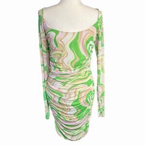 AFRM LOS ANGELES Gesine Long Sleeve Ruched Minidress in Green Swiss Large NWT